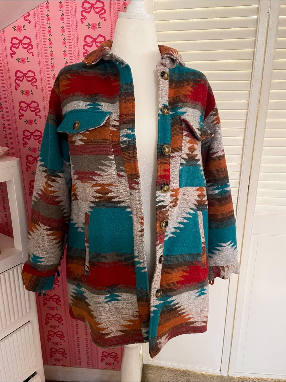 Teal Multi-Color Southwestern Patterned Shacket